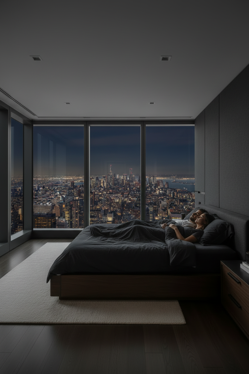 Reversed couple sleeping with NYC city lights